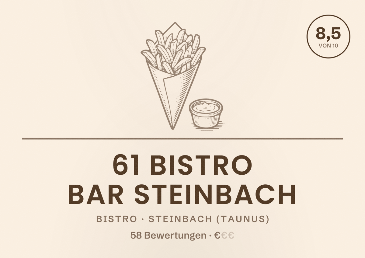 Illustriertes Poster von 61 Bistro Bar Steinbach, Bistro in Steinbach (Taunus): Bewertung 8,5 von 10 aus 58 Bewertungen, Preisniveau €