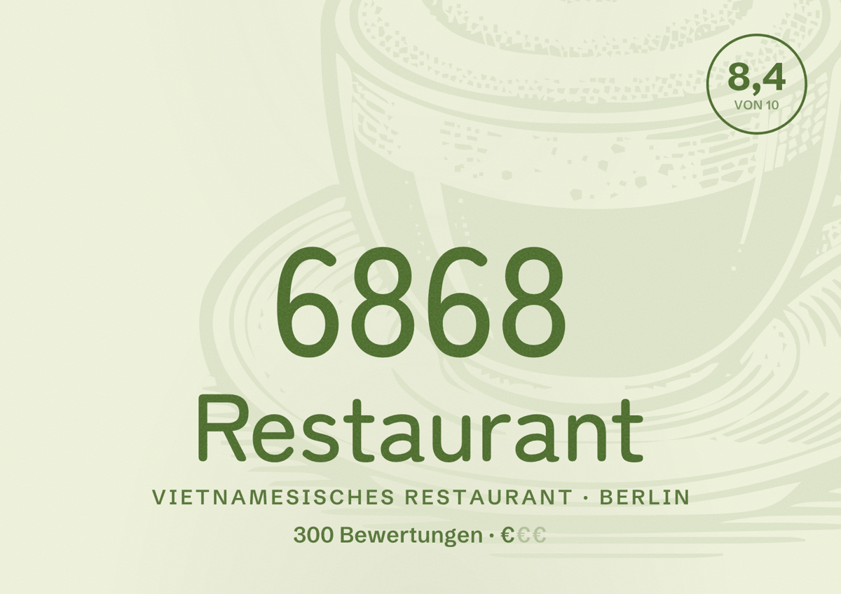 Illustriertes Poster von 6868 Restaurant, Vietnamesisches Restaurant in Berlin: Bewertung 8,4 von 10 aus 300 Bewertungen, Preisniveau €