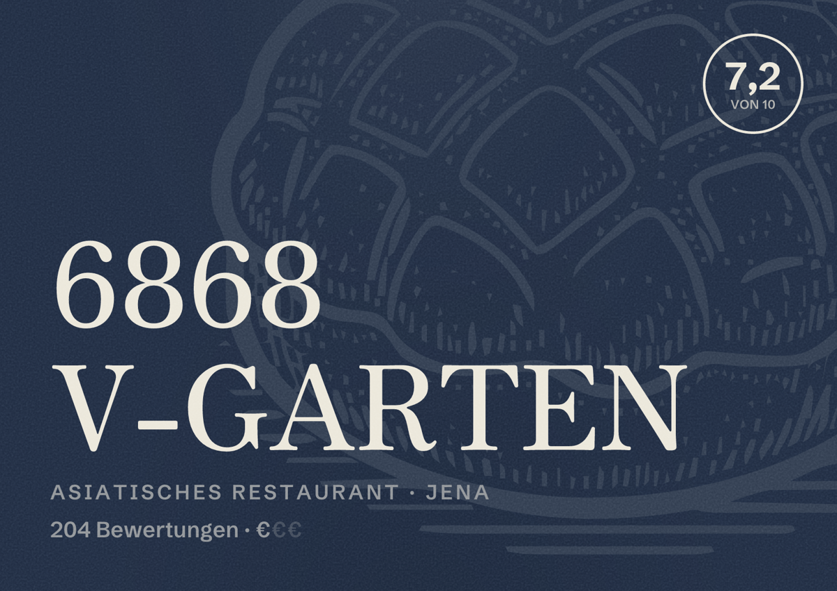 Illustriertes Poster von 6868 V-GARTEN, Asiatisches Restaurant in Jena: Bewertung 7,2 von 10 aus 204 Bewertungen, Preisniveau €