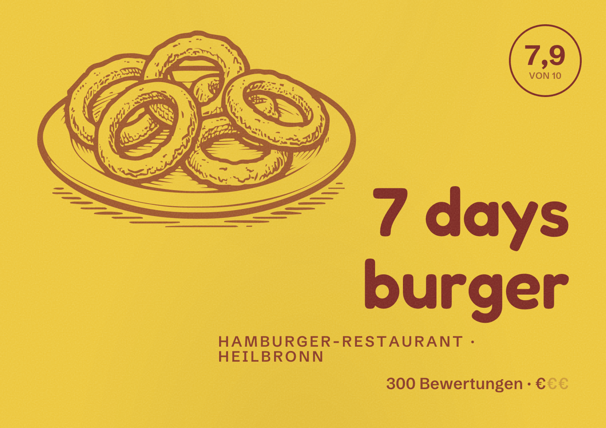 Illustriertes Poster von 7 days burger, Hamburger-Restaurant in Heilbronn: Bewertung 7,9 von 10 aus 300 Bewertungen, Preisniveau €