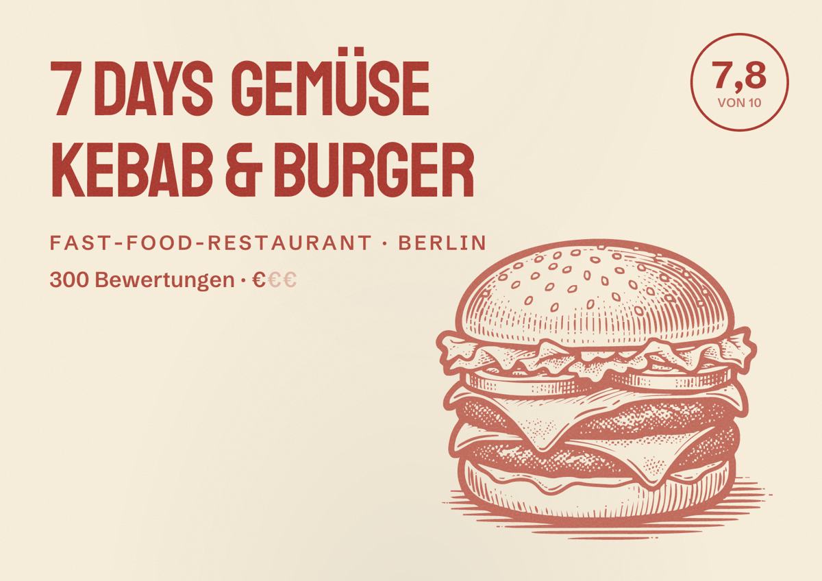 Illustriertes Poster von 7 Days Gemüse Kebab & Burger, Fast-Food-Restaurant in Berlin: Bewertung 7,8 von 10 aus 300 Bewertungen, Preisniveau €
