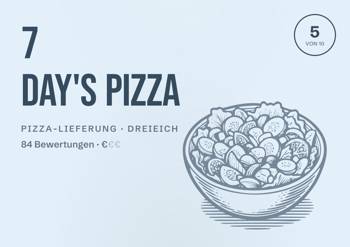 Illustriertes Poster von 7 Day's Pizza, Pizza-Lieferung in Dreieich: Bewertung 5 von 10 aus 84 Bewertungen, Preisniveau €