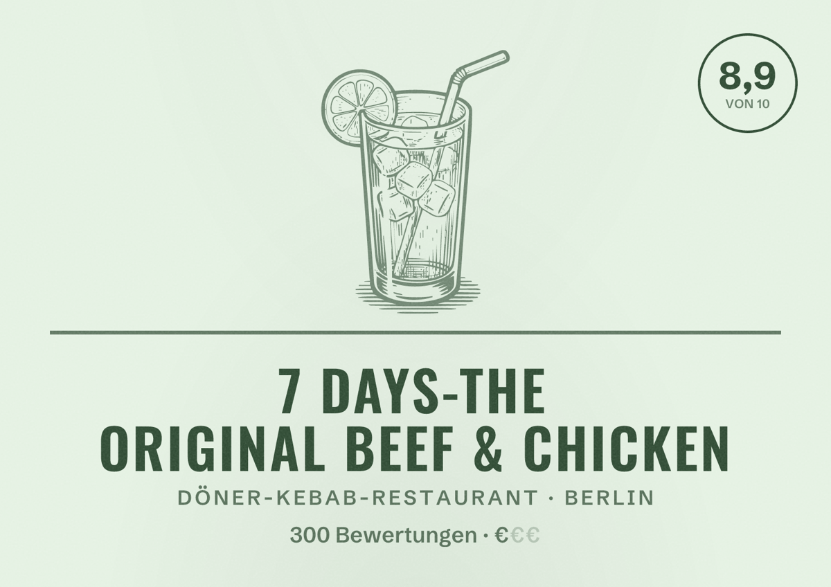 Illustriertes Poster von 7 Days-The Original Beef & Chicken, Döner-Kebab-Restaurant in Berlin: Bewertung 8,9 von 10 aus 300 Bewertungen, Preisniveau €