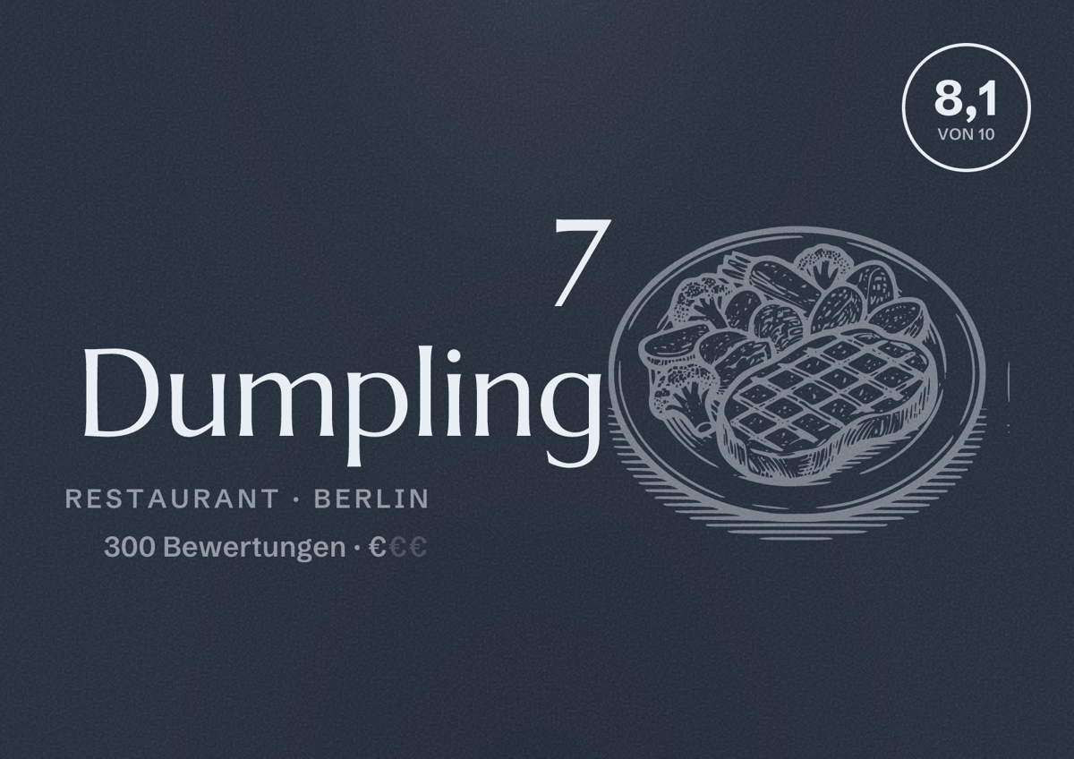 Illustriertes Poster von 7 Dumpling, Restaurant in Berlin: Bewertung 8,1 von 10 aus 300 Bewertungen, Preisniveau €