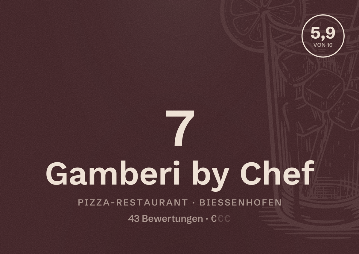 Illustriertes Poster von 7 Gamberi by Chef, Pizza-Restaurant in Biessenhofen: Bewertung 5,9 von 10 aus 43 Bewertungen, Preisniveau €