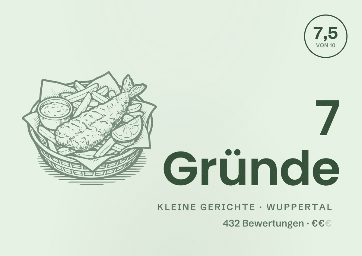 Illustriertes Poster von 7 Gründe, Kleine Gerichte in Wuppertal: Bewertung 7,5 von 10 aus 432 Bewertungen, Preisniveau €€