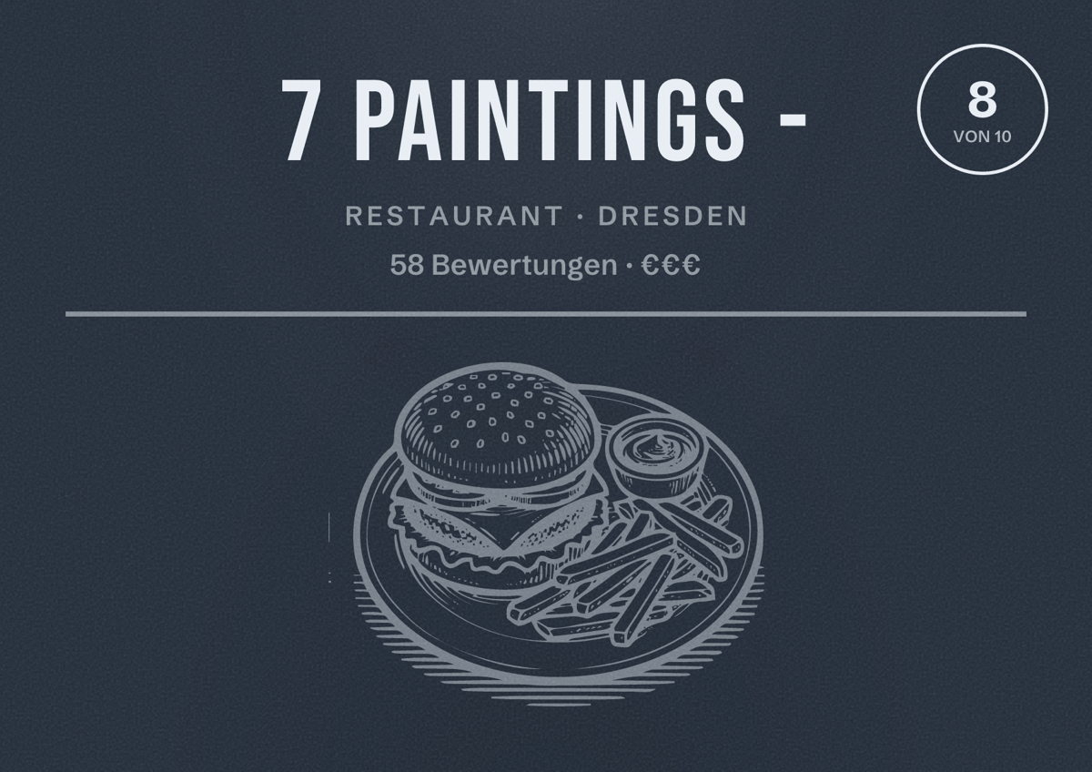 Illustriertes Poster von 7 Paintings -, Restaurant in Dresden: Bewertung 8 von 10 aus 58 Bewertungen, Preisniveau €€€