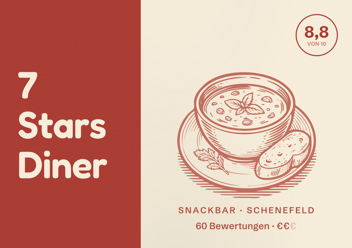 Illustriertes Poster von 7 Stars Diner, Snackbar in Schenefeld: Bewertung 8,8 von 10 aus 60 Bewertungen, Preisniveau €€