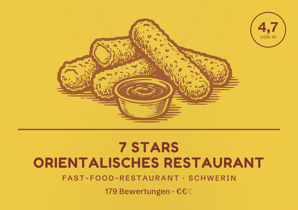 Illustriertes Poster von 7 Stars Orientalisches Restaurant, Fast-Food-Restaurant in Schwerin: Bewertung 4,7 von 10 aus 179 Bewertungen, Preisniveau €€