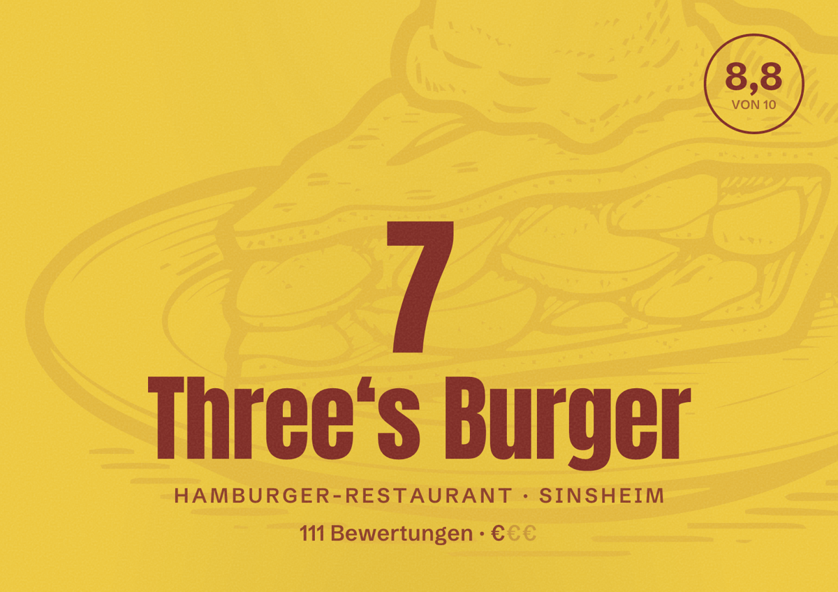 Illustriertes Poster von 7 Three‘s Burger, Hamburger-Restaurant in Sinsheim: Bewertung 8,8 von 10 aus 111 Bewertungen, Preisniveau €