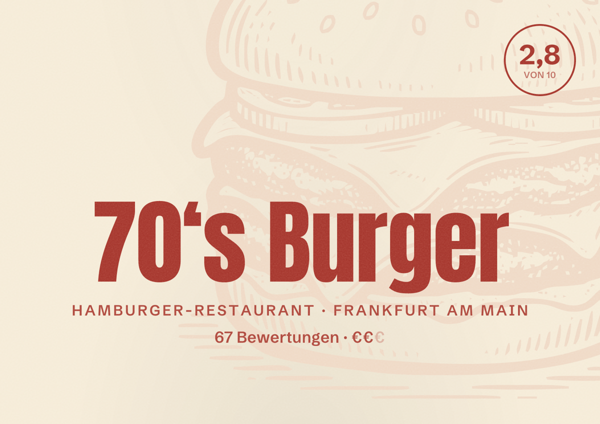 Illustriertes Poster von 70‘s Burger, Hamburger-Restaurant in Frankfurt am Main: Bewertung 2,8 von 10 aus 67 Bewertungen, Preisniveau €€