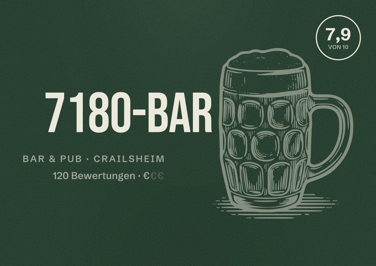 Illustriertes Poster von 7180-Bar, Bar & Pub in Crailsheim: Bewertung 7,9 von 10 aus 120 Bewertungen, Preisniveau €