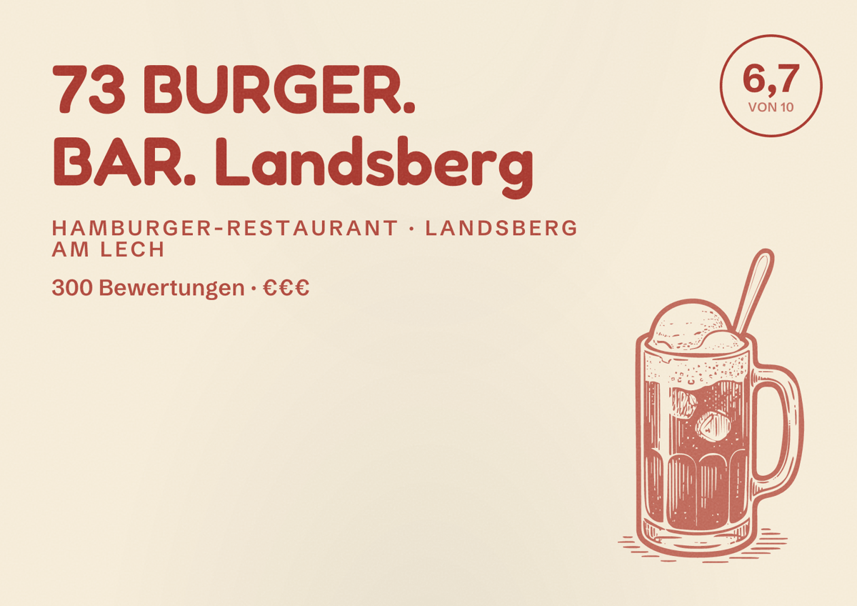 Illustriertes Poster von 73 BURGER. BAR. Landsberg, Hamburger-Restaurant in Landsberg am Lech: Bewertung 6,7 von 10 aus 300 Bewertungen, Preisniveau €€€