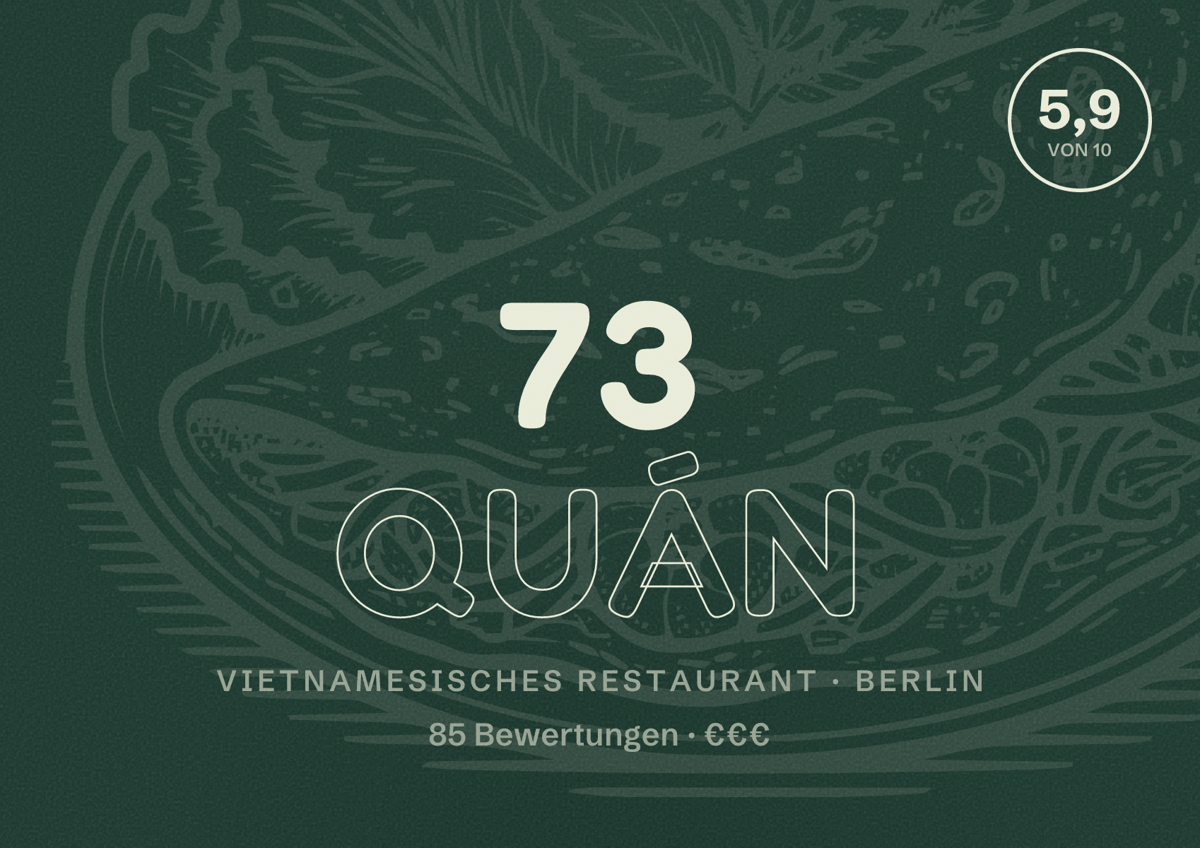 Illustriertes Poster von 73 Quán, Vietnamesisches Restaurant in Berlin: Bewertung 5,9 von 10 aus 85 Bewertungen, Preisniveau €€€