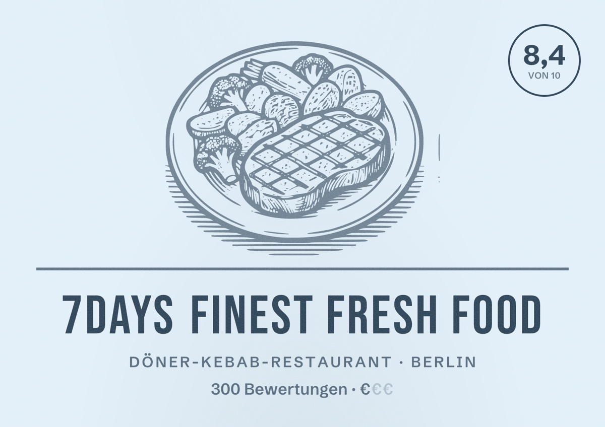 Illustriertes Poster von 7days finest fresh food, Döner-Kebab-Restaurant in Berlin: Bewertung 8,4 von 10 aus 300 Bewertungen, Preisniveau €
