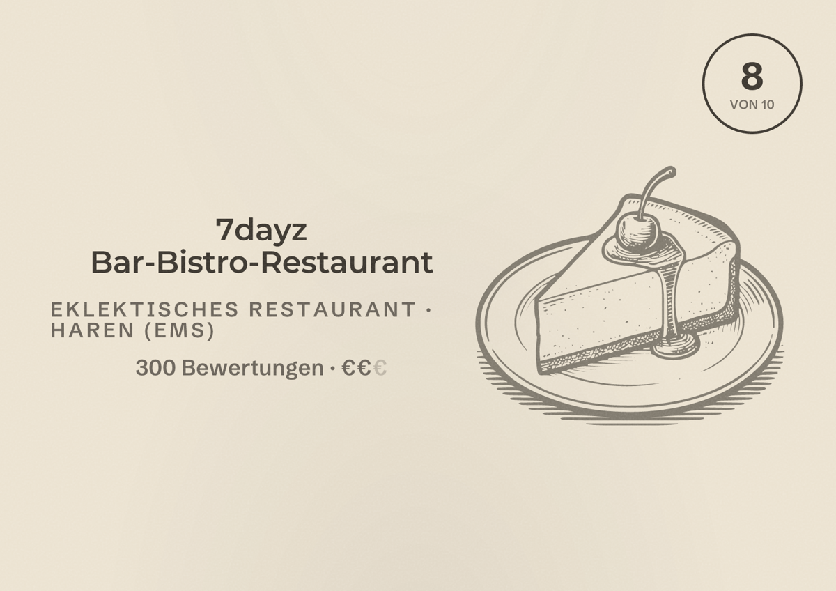 Illustriertes Poster von 7dayz Bar-Bistro-Restaurant, Eklektisches Restaurant in Haren (Ems): Bewertung 8 von 10 aus 300 Bewertungen, Preisniveau €€