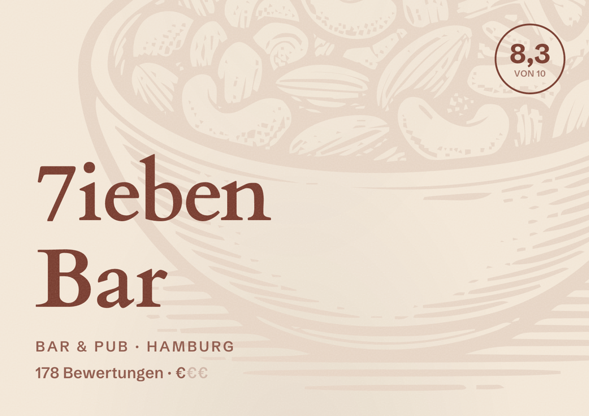 Illustriertes Poster von 7ieben Bar, Bar & Pub in Hamburg: Bewertung 8,3 von 10 aus 178 Bewertungen, Preisniveau €
