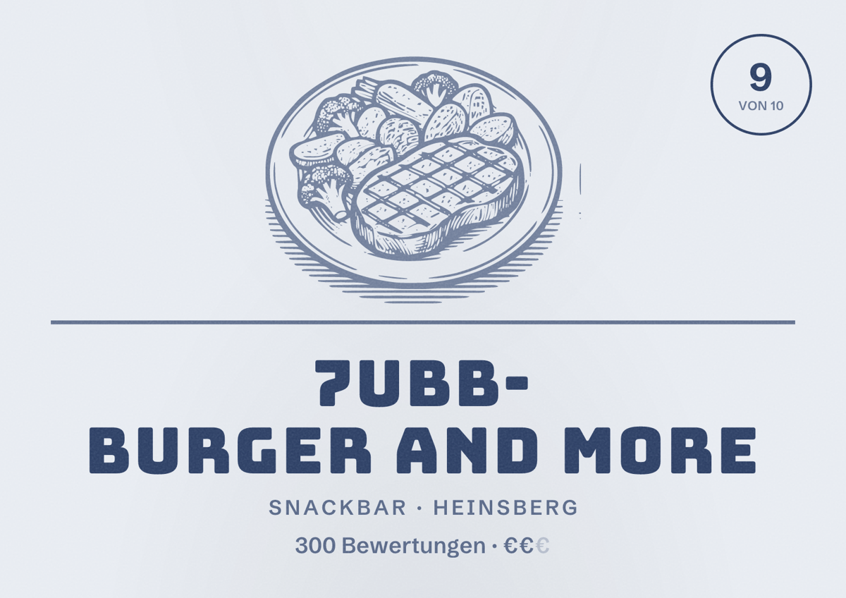 Illustriertes Poster von 7ubb- burger and more, Snackbar in Heinsberg: Bewertung 9 von 10 aus 300 Bewertungen, Preisniveau €€