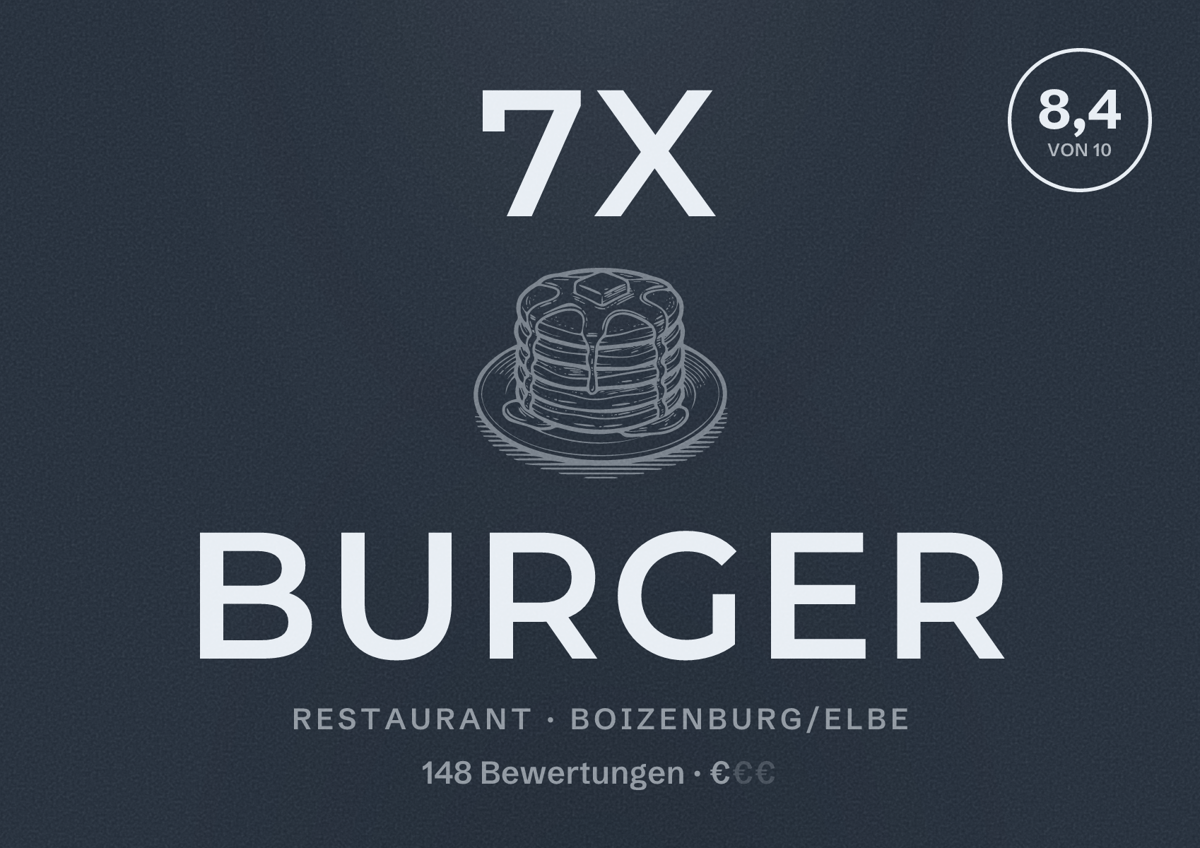 Illustriertes Poster von 7X Burger, Restaurant in Boizenburg/Elbe: Bewertung 8,4 von 10 aus 148 Bewertungen, Preisniveau €