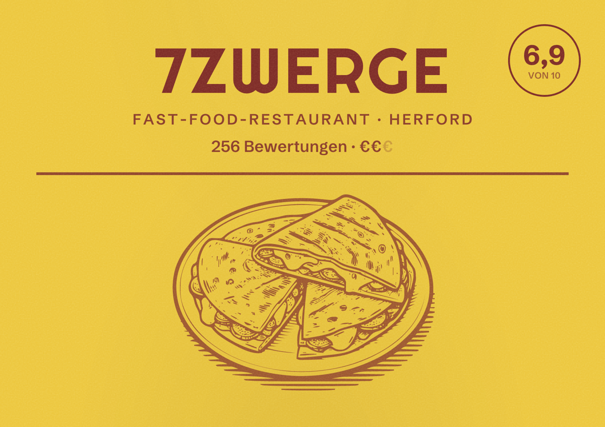 Illustriertes Poster von 7Zwerge, Fast-Food-Restaurant in Herford: Bewertung 6,9 von 10 aus 256 Bewertungen, Preisniveau €€