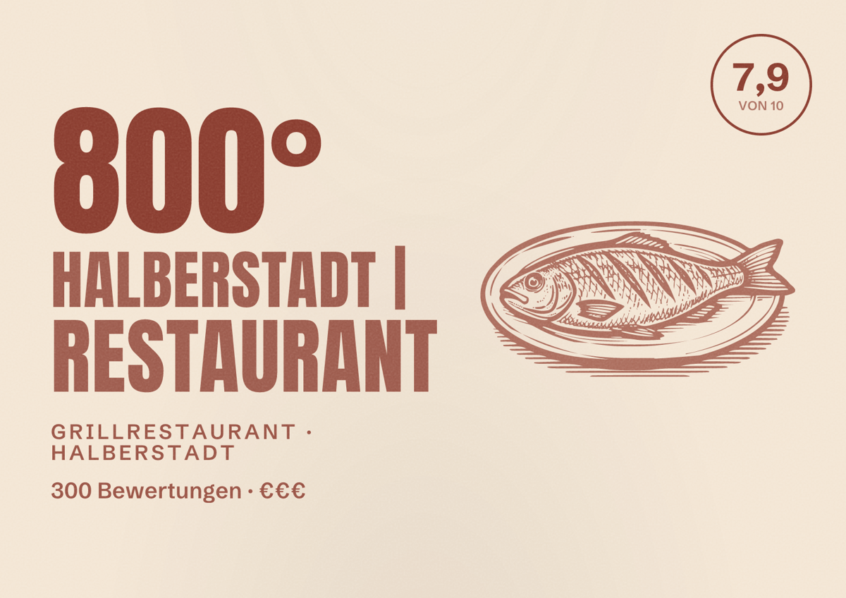 Illustriertes Poster von 800° Halberstadt | Restaurant, Grillrestaurant in Halberstadt: Bewertung 7,9 von 10 aus 300 Bewertungen, Preisniveau €€€