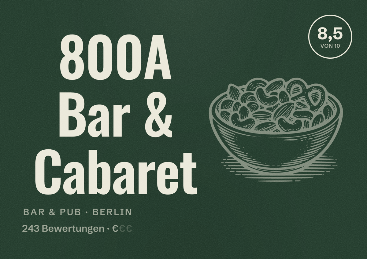 Illustriertes Poster von 800A Bar & Cabaret, Bar & Pub in Berlin: Bewertung 8,5 von 10 aus 243 Bewertungen, Preisniveau €