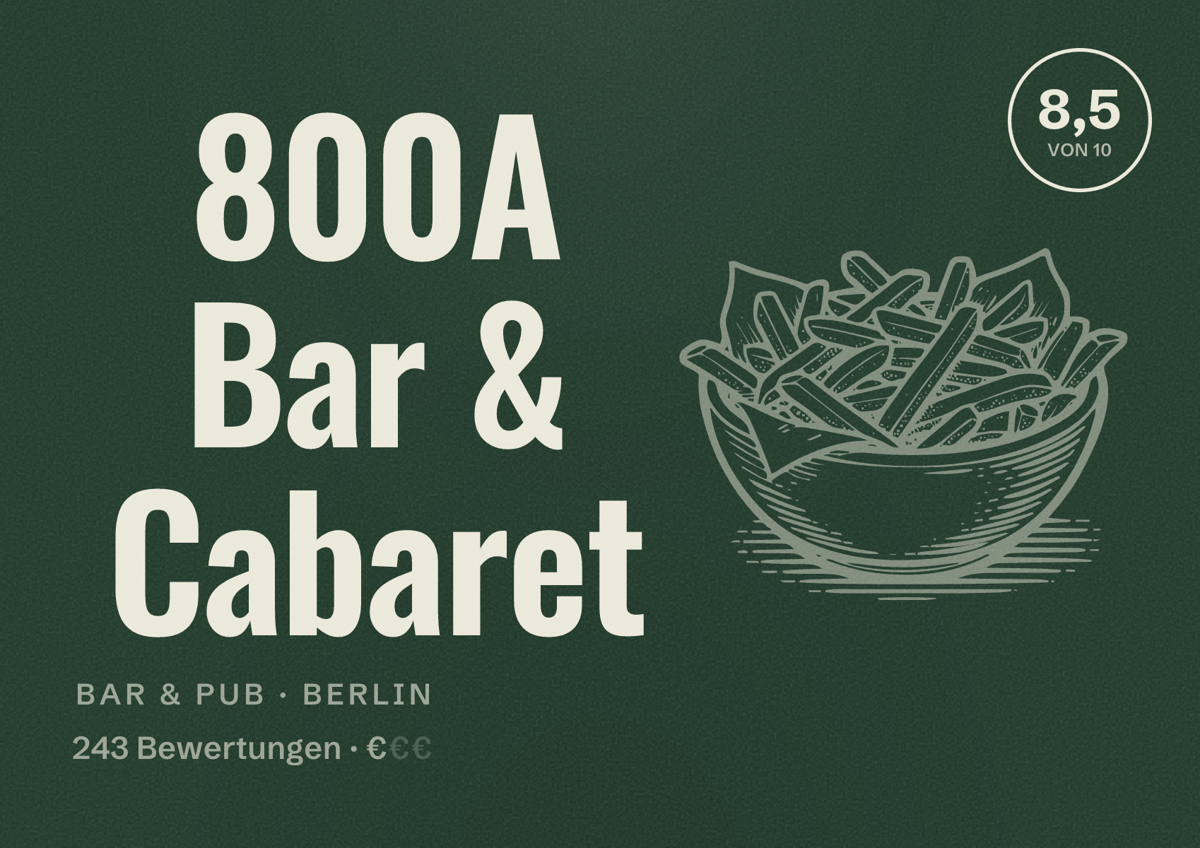 Illustriertes Poster von 800A Bar & Cabaret, Bar & Pub in Berlin: Bewertung 8,5 von 10 aus 243 Bewertungen, Preisniveau €