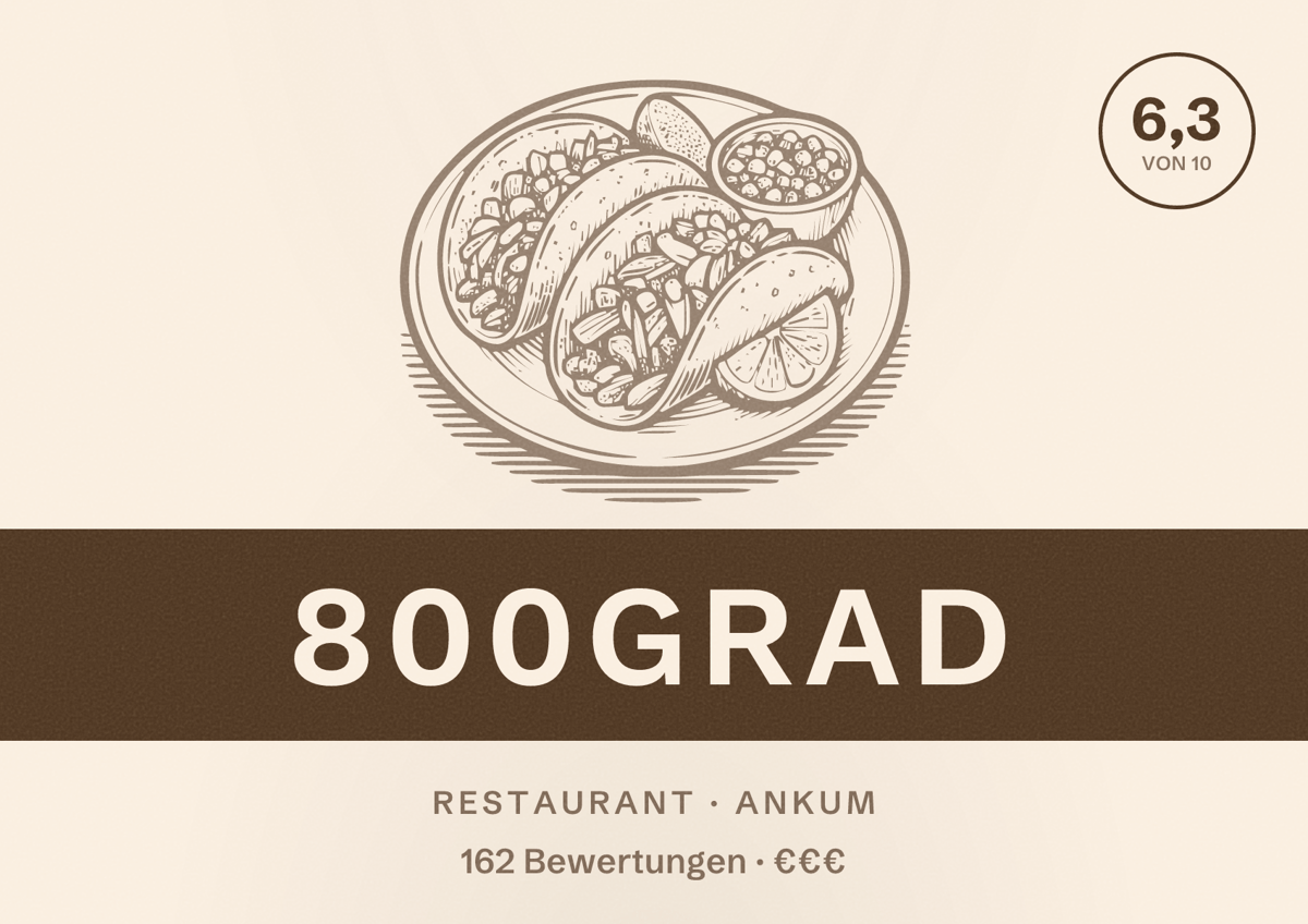 Illustriertes Poster von 800Grad, Restaurant in Ankum: Bewertung 6,3 von 10 aus 162 Bewertungen, Preisniveau €€€