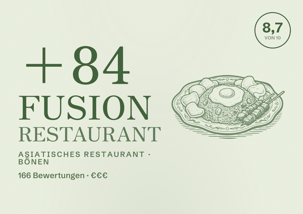 Illustriertes Poster von +84 Fusion Restaurant, Asiatisches Restaurant in Bönen: Bewertung 8,7 von 10 aus 166 Bewertungen, Preisniveau €€€