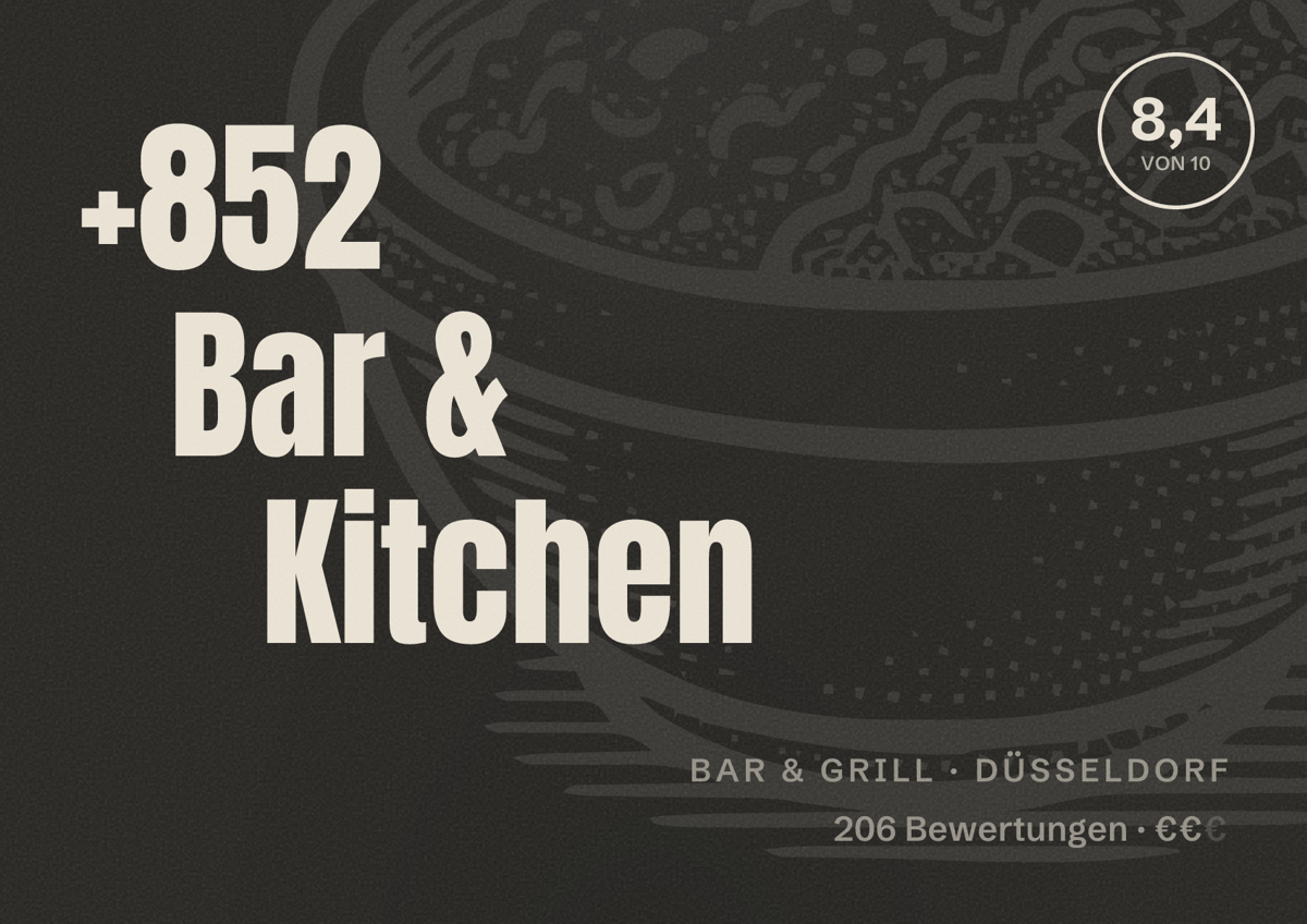 Illustriertes Poster von +852 Bar & Kitchen, Bar & Grill in Düsseldorf: Bewertung 8,4 von 10 aus 206 Bewertungen, Preisniveau €€