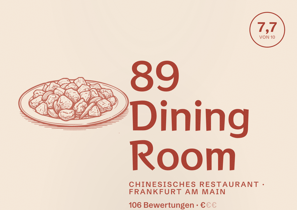 Illustriertes Poster von 89 Dining Room, Chinesisches Restaurant in Frankfurt am Main: Bewertung 7,7 von 10 aus 106 Bewertungen, Preisniveau €