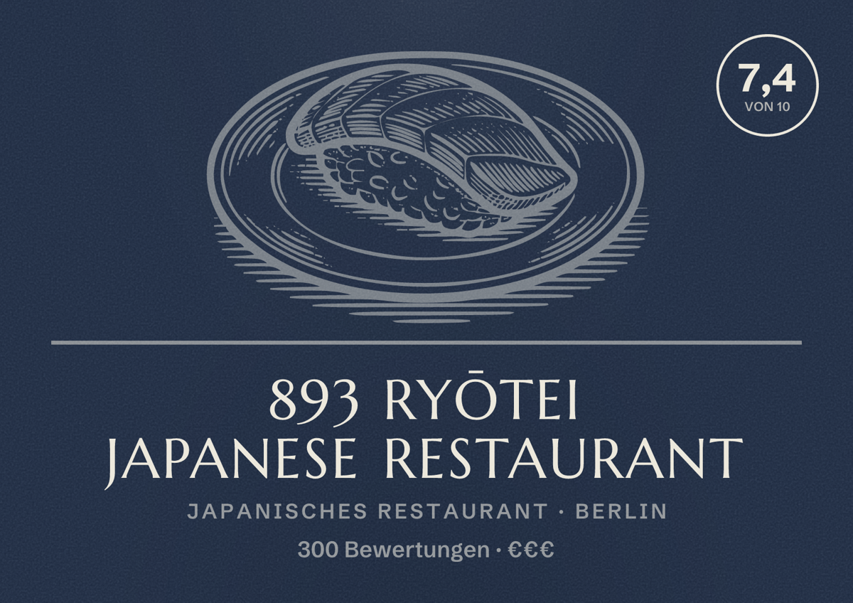 Illustriertes Poster von 893 Ryōtei Japanese Restaurant, Japanisches Restaurant in Berlin: Bewertung 7,4 von 10 aus 300 Bewertungen, Preisniveau €€€