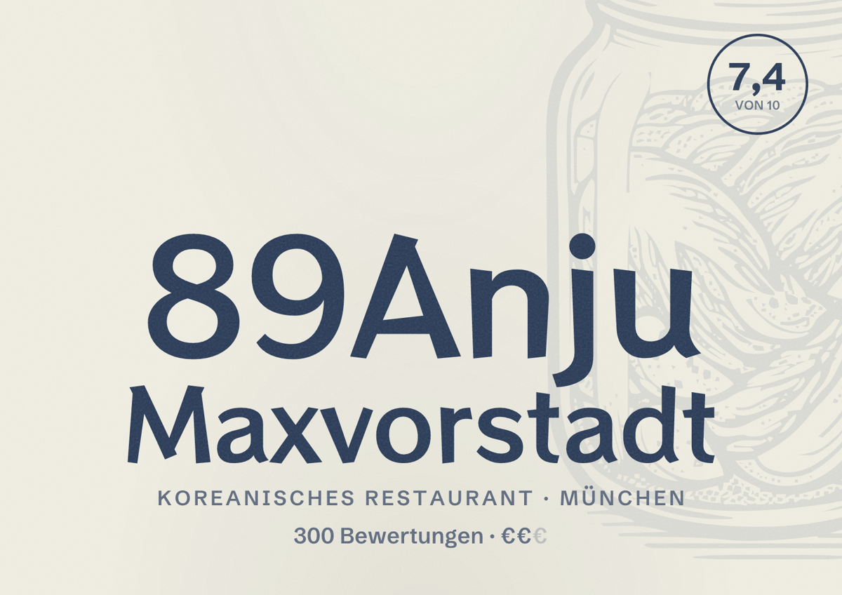 Illustriertes Poster von 89Anju Maxvorstadt, Koreanisches Restaurant in München: Bewertung 7,4 von 10 aus 300 Bewertungen, Preisniveau €€