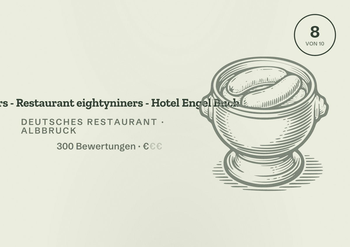 Illustriertes Poster von 89ers - Restaurant eightyniners - Hotel Engel Buch, Deutsches Restaurant in Albbruck: Bewertung 8 von 10 aus 300 Bewertungen, Preisniveau €