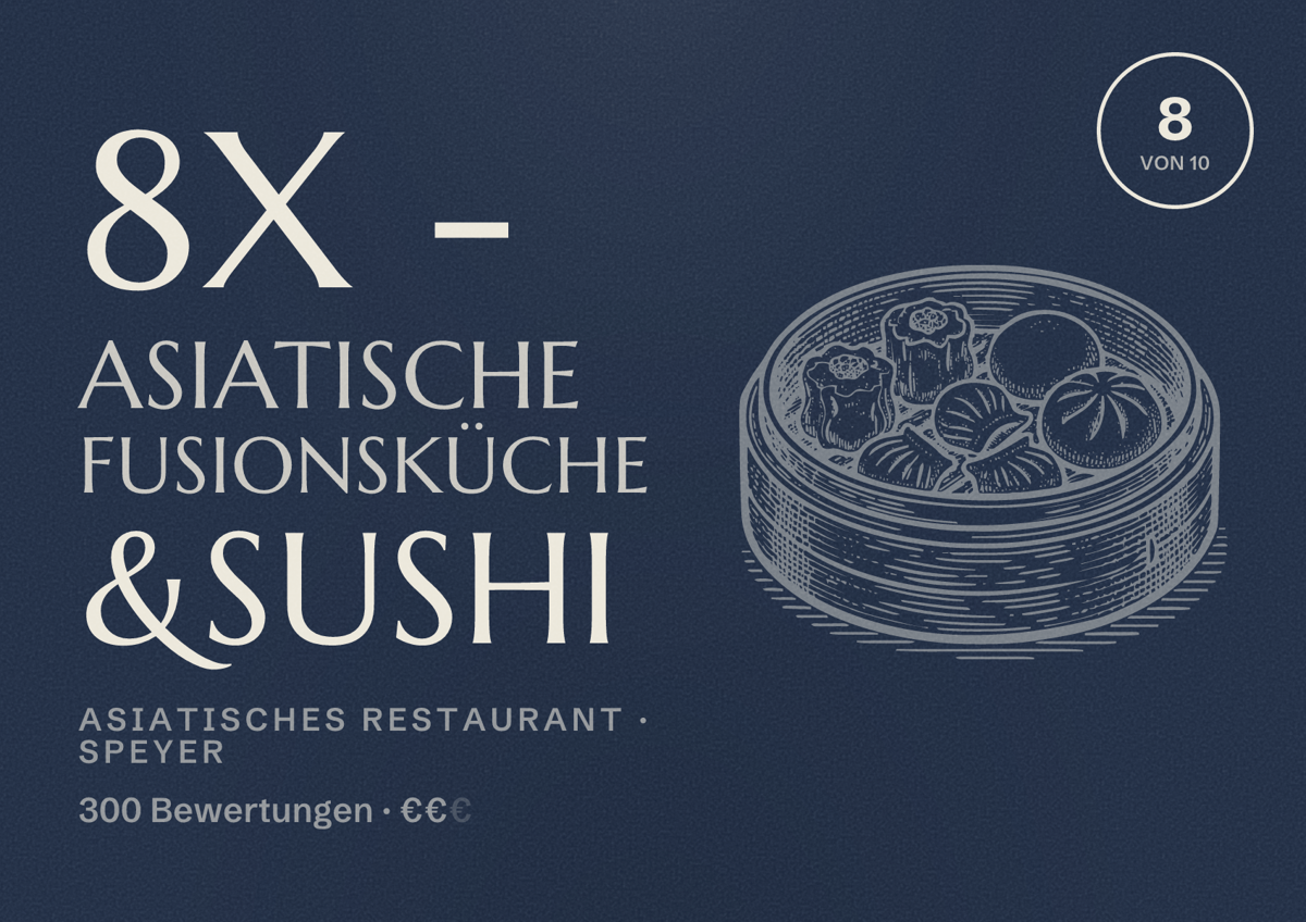 Illustriertes Poster von 8X - Asiatische Fusionsküche &Sushi, Asiatisches Restaurant in Speyer: Bewertung 8 von 10 aus 300 Bewertungen, Preisniveau €€