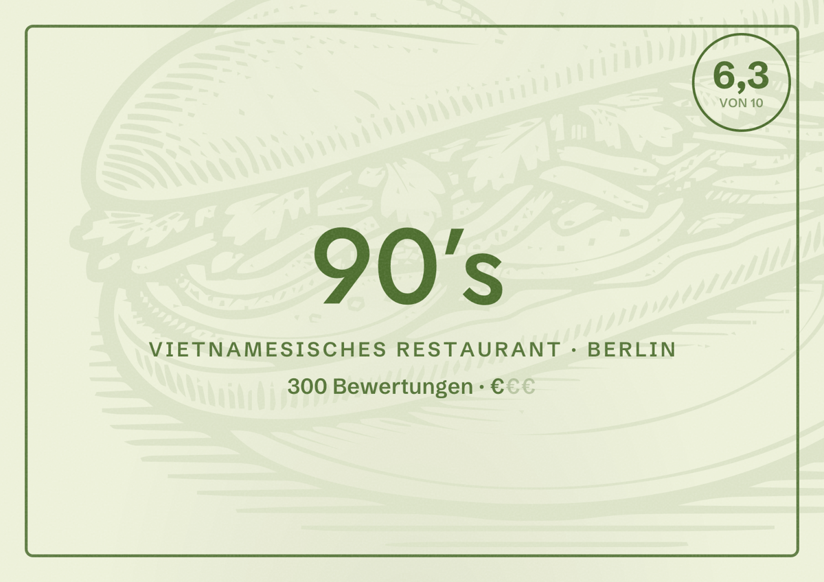 Illustriertes Poster von 90’s, Vietnamesisches Restaurant in Berlin: Bewertung 6,3 von 10 aus 300 Bewertungen, Preisniveau €