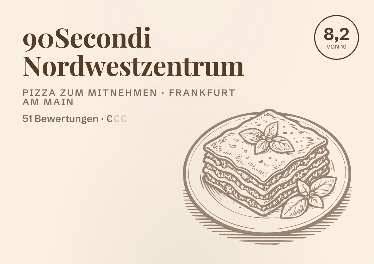 Illustriertes Poster von 90Secondi Nordwestzentrum, Pizza zum Mitnehmen in Frankfurt am Main: Bewertung 8,2 von 10 aus 51 Bewertungen, Preisniveau €