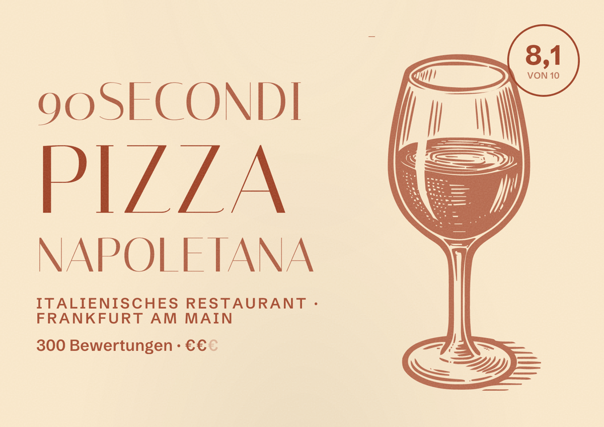 Illustriertes Poster von 90Secondi Pizza Napoletana, Italienisches Restaurant in Frankfurt am Main: Bewertung 8,1 von 10 aus 300 Bewertungen, Preisniveau €€