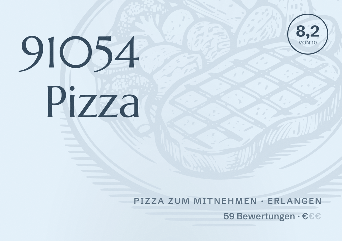 Illustriertes Poster von 91054 Pizza, Pizza zum Mitnehmen in Erlangen: Bewertung 8,2 von 10 aus 59 Bewertungen, Preisniveau €