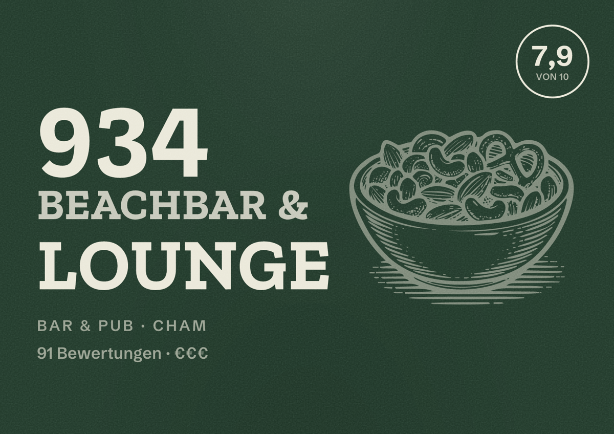 Illustriertes Poster von 934 beachbar & lounge, Bar & Pub in Cham: Bewertung 7,9 von 10 aus 91 Bewertungen, Preisniveau €€€
