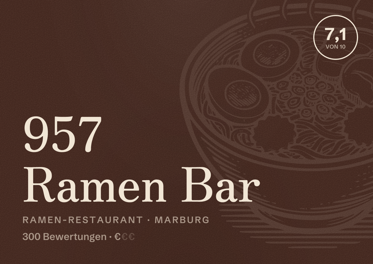 Illustriertes Poster von 957 Ramen Bar, Ramen-Restaurant in Marburg: Bewertung 7,1 von 10 aus 300 Bewertungen, Preisniveau €