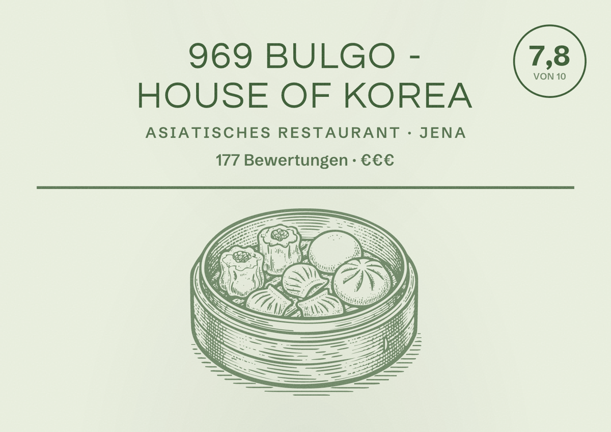 Illustriertes Poster von 969 Bulgo - House of Korea, Asiatisches Restaurant in Jena: Bewertung 7,8 von 10 aus 177 Bewertungen, Preisniveau €€€