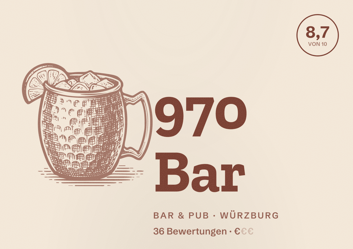 Illustriertes Poster von 970 Bar, Bar & Pub in Würzburg: Bewertung 8,7 von 10 aus 36 Bewertungen, Preisniveau €