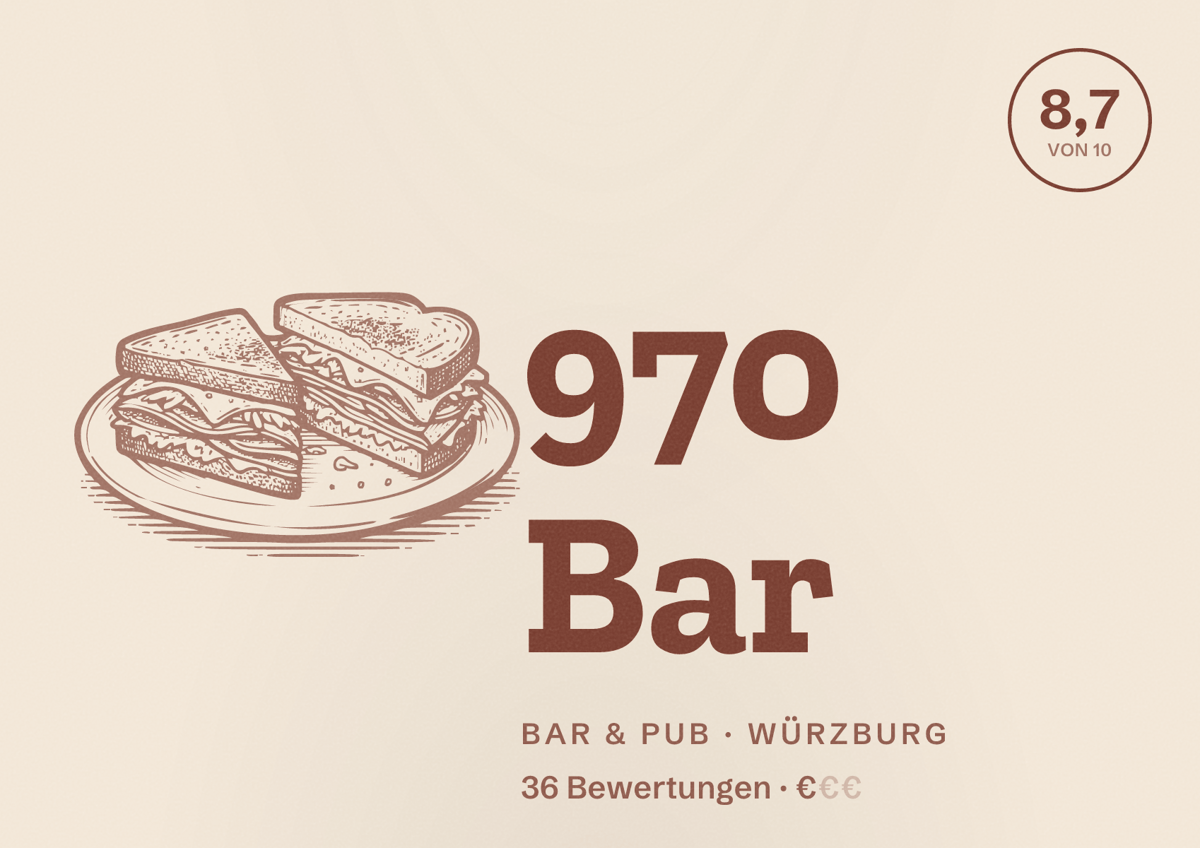 Illustriertes Poster von 970 Bar, Bar & Pub in Würzburg: Bewertung 8,7 von 10 aus 36 Bewertungen, Preisniveau €