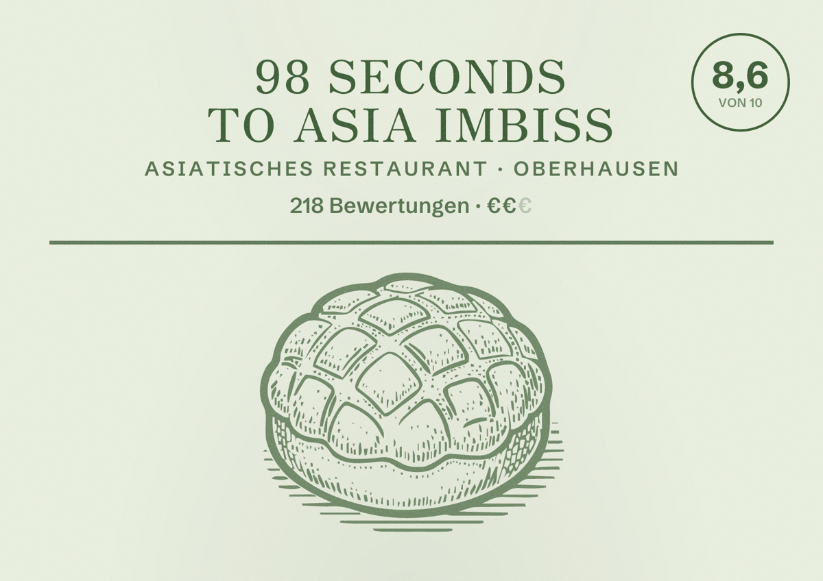 Illustriertes Poster von 98 Seconds to Asia IMBISS, Asiatisches Restaurant in Oberhausen: Bewertung 8,6 von 10 aus 218 Bewertungen, Preisniveau €€