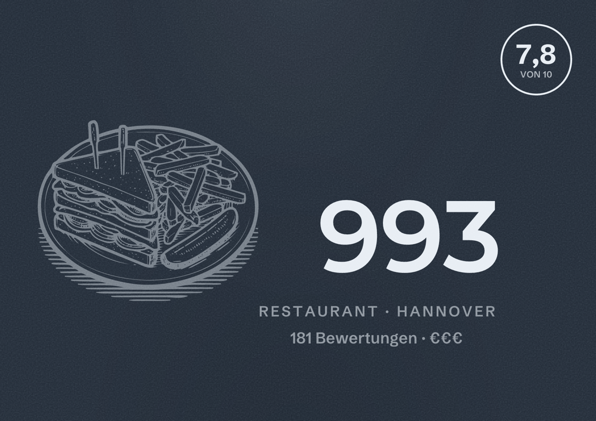 Illustriertes Poster von 993, Restaurant in Hannover: Bewertung 7,8 von 10 aus 181 Bewertungen, Preisniveau €€€