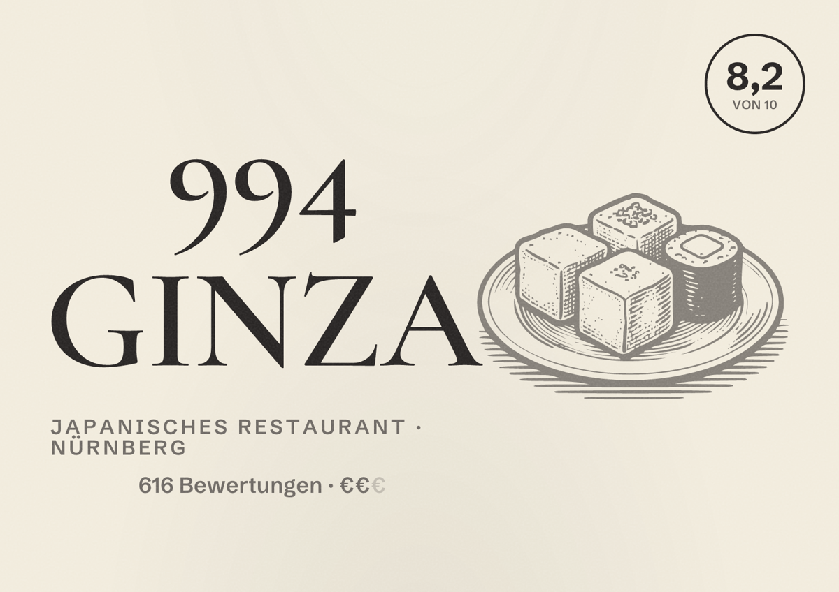 Illustriertes Poster von 994 GINZA, Japanisches Restaurant in Nürnberg: Bewertung 8,2 von 10 aus 616 Bewertungen, Preisniveau €€