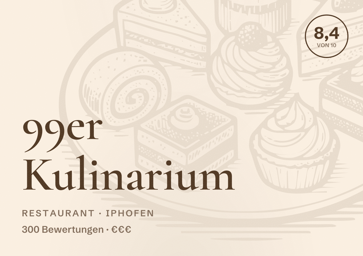Illustriertes Poster von 99er Kulinarium, Restaurant in Iphofen: Bewertung 8,4 von 10 aus 300 Bewertungen, Preisniveau €€€