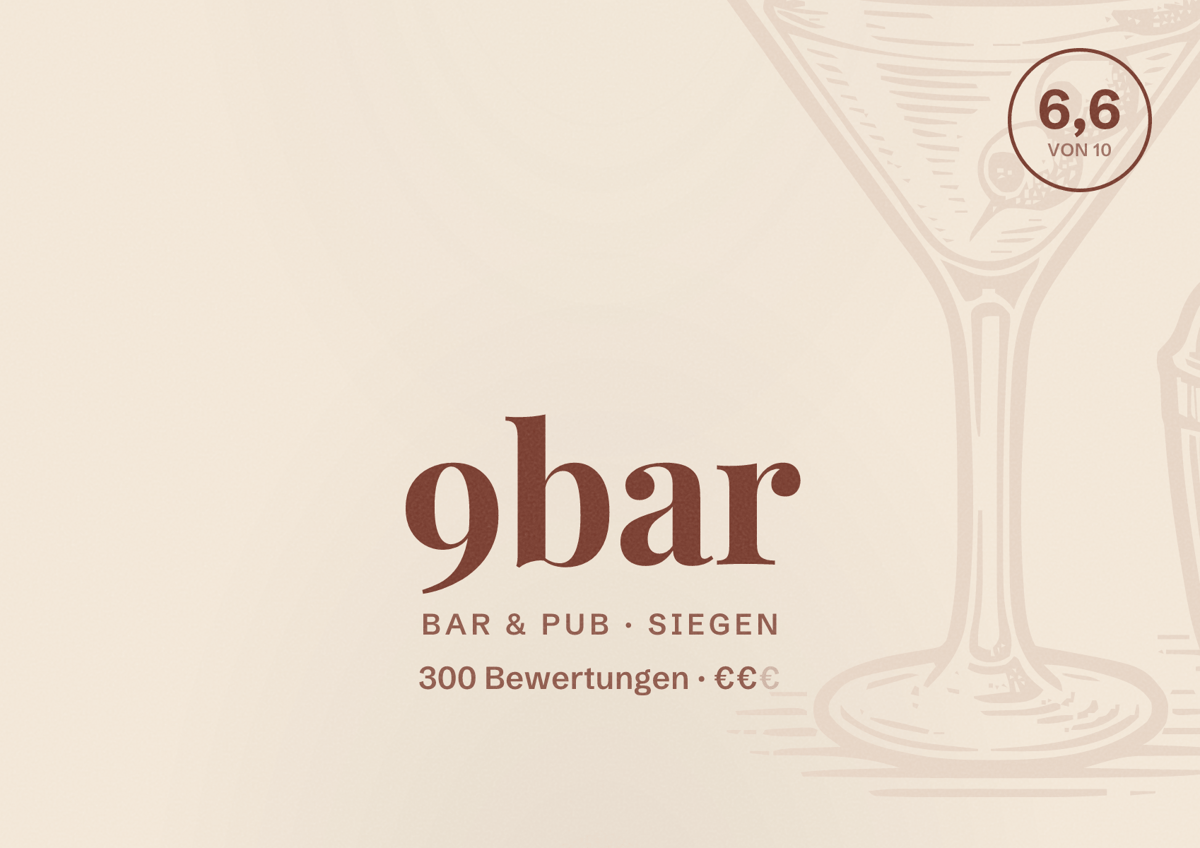 Illustriertes Poster von 9bar, Bar & Pub in Siegen: Bewertung 6,6 von 10 aus 300 Bewertungen, Preisniveau €€