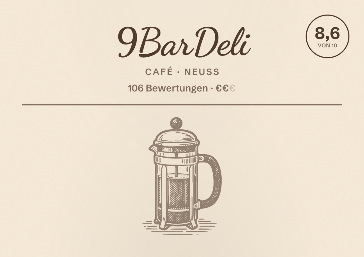Illustriertes Poster von 9BarDeli, Café in Neuss: Bewertung 8,6 von 10 aus 106 Bewertungen, Preisniveau €€
